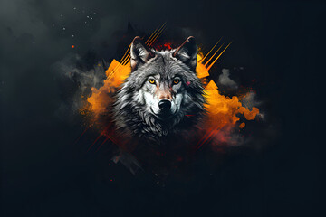 An intense mystical wolf image against a backdrop of fiery smoke and a black background - obrazy, fototapety, plakaty