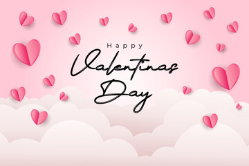 Happy Valentine's Day calligraphy banner with paper pink hearts isolated on pink background with clouds. Vector EPS 10