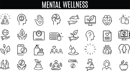 Meditation line icons set . Zen, relaxation, mental wellness. Yoga practice and healthcare. well being , Inner Peace, Self-knowledge, Spiritual Practice