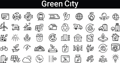 Green City line icons set. Town, energy, plant, Eco friendly environment. Building and trees leaves symbols. House and power