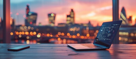 Blurred London city background with laptop and smartphone on wooden office table.