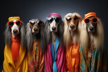 Afghan hound in a group, bright fashionable outfits isolated on a solid advertising background - obrazy, fototapety, plakaty