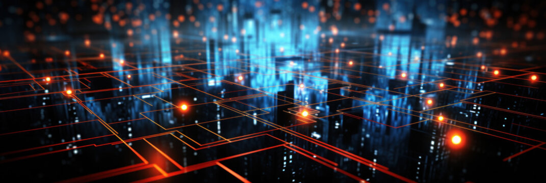 abstract technological background in dark blue and red-orange tones, concept of digitalization, high technology, databases