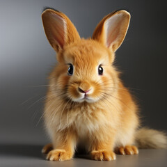 cute bright red fluffy rabbit on a gray background