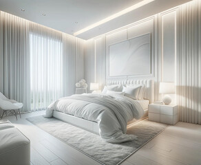 A luxurious and minimalist bedroom in a modern home, designed with a focus on white color. The bedroom showcases a comfortable bed with premium white