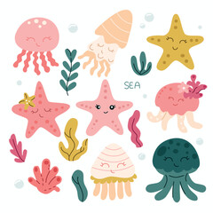 Set of cute cartoon sea animals. Hand drawn vector illustration in scandinavian style.