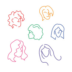 Set of portrait outlines of multicultural multiethnic women with different hairstyles. Isolated. Collection of female faces. Vector illustration