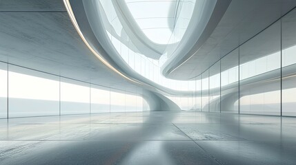 futuristic glass architecture with empty concrete floor - obrazy, fototapety, plakaty