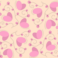 Vector seamless pattern with pink hart and curl for Celebratory Event, Valentine's Day, wedding, a date. Gentle background for tablecloth, wrapping paper, bags, textiles, fabrics, decoration, cards