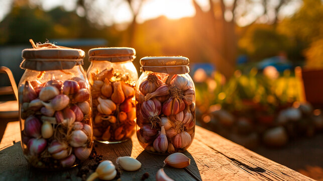 Preserved garlic in a jar. Selective focus.