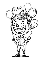 a cartoon child wearing a colorful party hat and holding a balloon, ready to celebrate their birthday, black and white svg 15
