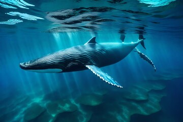 Envision the incredible journey of a whale beneath the surface, its massive form moving with...