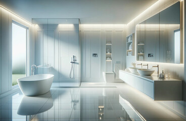 Fototapeta na wymiar A sleek and serene bathroom in a modern luxury residence, designed with a clean white aesthetic. The room features a contemporary white freestanding