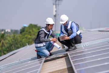 Engineers walking on roof inspect and check solar cell panel by hold equipment box and radio...