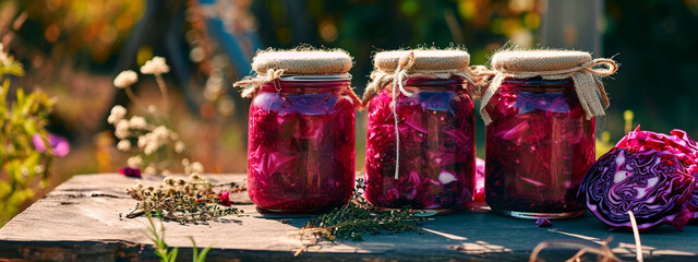 Red cabbage preserved in a jar. Selective focus.