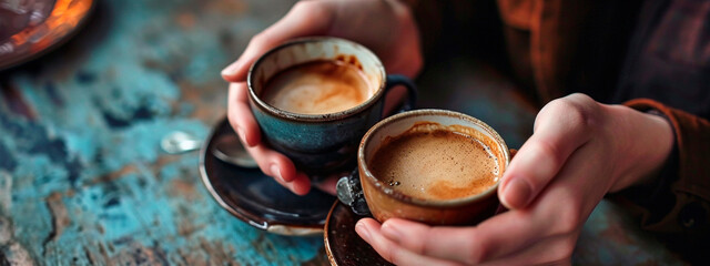 cup of hot coffee in hands. Selective focus. - obrazy, fototapety, plakaty