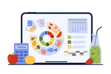 Foto op Plexiglas Calendar nutrition planning, mobile diet app. Pie chart with food products with protein and fats, carbohydrates by sectors, list on tablet screen to plan weight loss cartoon vector illustration © Iconic Prototype