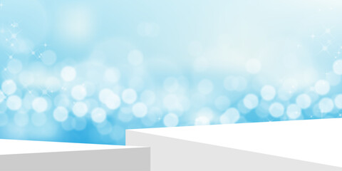 Summer Background,3d Platform Podium Display Step with blurry sunlight effect on Sky Blue,Cloud for Product Presents,Vector Minimal Modern Building wall on bokeh sunlights reflection from sea beach