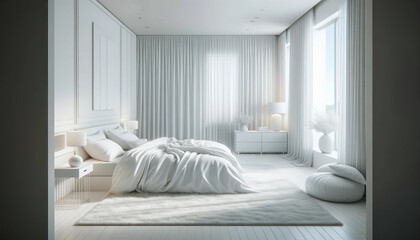 A serene and minimalist bedroom in a contemporary style, primarily in white tones. The room features a large, comfortable bed with white bedding