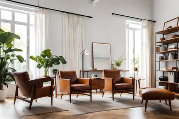 Discover the timeless appeal of this living room, blending modern and mid-century elements with leather armchairs, a wood cabinet, and a white wall and wood floor