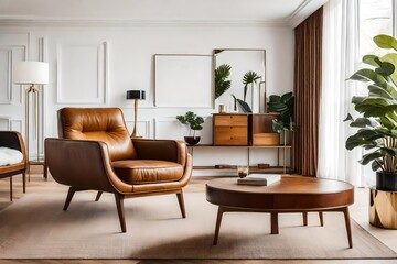 Experience the allure of a contemporary living room adorned with leather armchairs, a wooden cabinet, and a seamless combination of white walls and a wood floor, embracing mid-century aesthetics