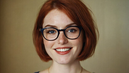 Young Charismatic Woman with Freckles, Bob-Cut Red Hair, and Sapphire Blue Eyes Wearing Glasses and Smiling in Soft Light