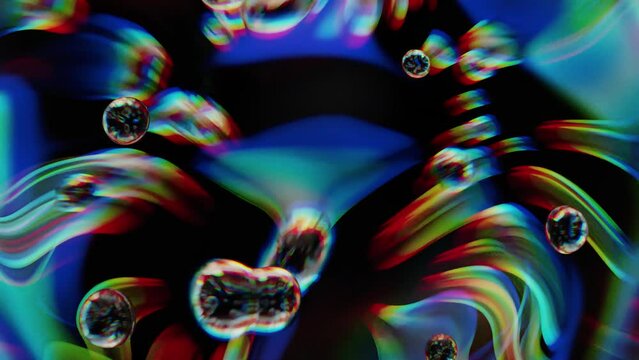 3d animation of the chaotic movement of liquid spheres with the effect of light dispersion. Close-up movement of soap bubbles. Modern dynamic design animation