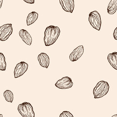 Vector seamless pattern of line art almond. Hand painted nuts on pastel beige background. Tasty food illustration for design, print, fabric or background.