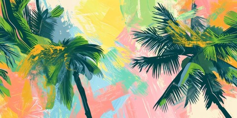 Fototapeta na wymiar Stylised hand drawn watercolour illustration of palm trees/leaves in peach-pink and vivid green colours. Horisontal card, banner, mock up. AI generated digital design.