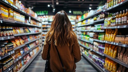 woman shopping between store shelf