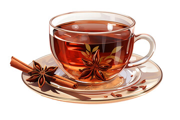 A cup of tea with cinnamon sticks and star anise on transparent background. - obrazy, fototapety, plakaty