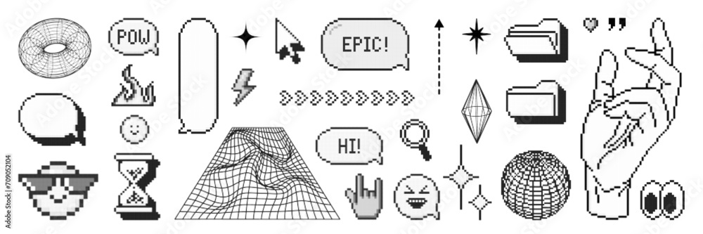 Fototapete set of pixel graphic shape and wireframe models. halftone y2k design elements. trendy vector illustr