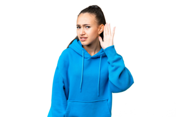 Young Arabian woman over isolated chroma key background listening to something by putting hand on the ear
