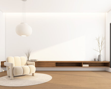 Modern japan style living room decorated with minimalist tv cabinet, armchair and hanging lamp. 3d rendering