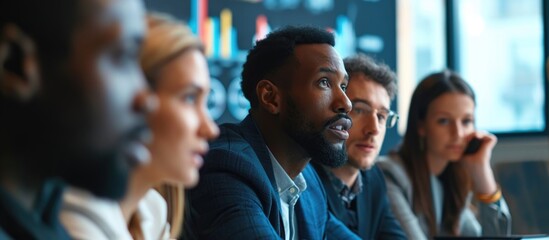 Diverse team of business professionals listen to CEO discuss design, data analysis, and marketing strategy in office conference. - obrazy, fototapety, plakaty