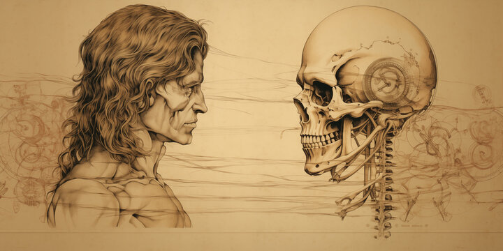 anatomical draw in leonardo da vinci style human skul