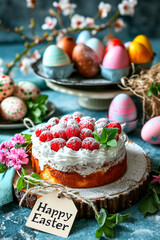 Obraz na płótnie Canvas Easter cake and eggs on the table. Selective focus.