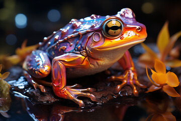Holografischer Frosch, Glänzender futuristischer Frosch mit bunten Farben - obrazy, fototapety, plakaty