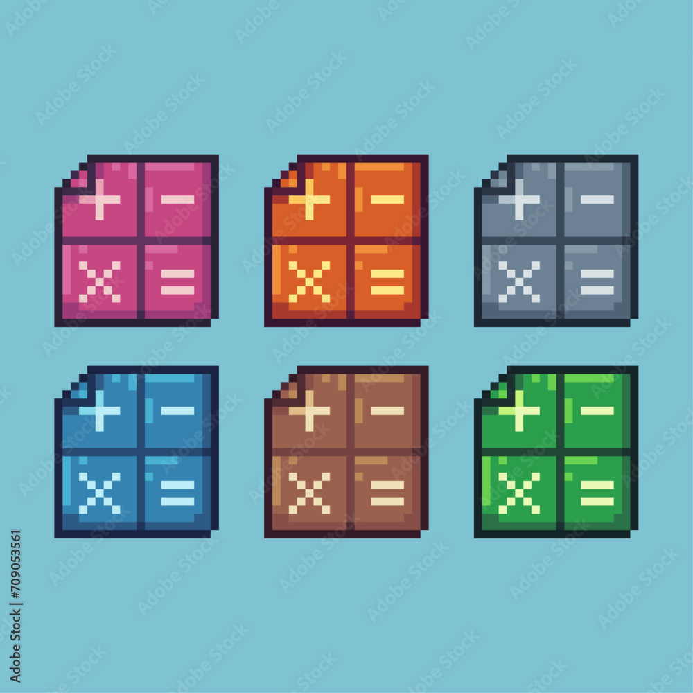 Poster pixel art sets icon of page math variation color.mathematic page icon on pixelated style. 8bits perf