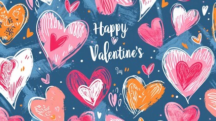 "Happy Valentine's Day". Vector hand drawn seamless pattern with hearts. Decor for Valentine's Day, weddings. Print for gift paper, packaging, wallpapers, clothes, textiles.