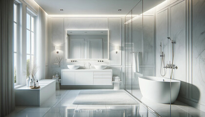 Fototapeta na wymiar A serene and elegant bathroom in a contemporary style, designed predominantly in white. The bathroom features a beautiful white freestanding bath