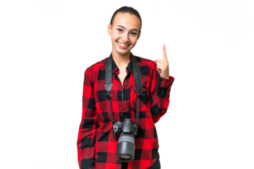 Young photographer Arab woman over isolated background pointing with the index finger a great idea