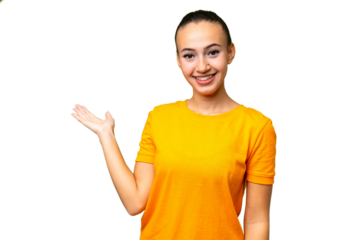 Young Arab woman over isolated background extending hands to the side for inviting to come