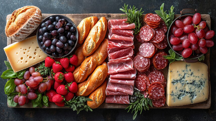An artistic composition of a bread-themed charcuterie board, featuring a selection of sliced bread, artisanal cheeses, cured meats, and fresh fruits, creating an exquisite visual f