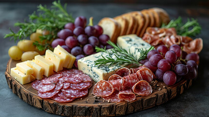 An artistic composition of a bread-themed charcuterie board, featuring a selection of sliced bread, artisanal cheeses, cured meats, and fresh fruits, creating an exquisite visual f - obrazy, fototapety, plakaty