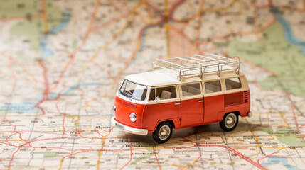 A classic red and white toy camper van positioned on a detailed road map, evoking travel and adventure.