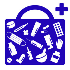 Bag with necessary pharmacy items. Antiseptic, syringe, mask, mortar, thermometer, patch, pills, inhaler, gloves, nasal spray. Blue and white. Flat vector illustration.