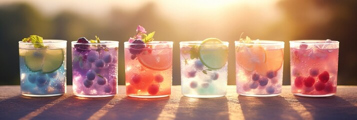 Radiant bokeh background with refreshing drinks and appetizing snacks on sunlit outdoor patio