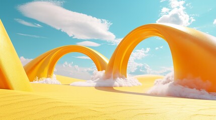 Surreal desert landscape with yellow arches and white clouds in the blue sky