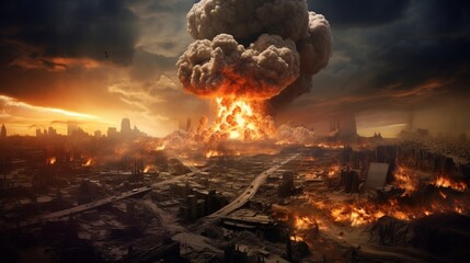 The consequences of a nuclear war. The ruins of the city, scorched nature against the background of the smoke of a nuclear explosion